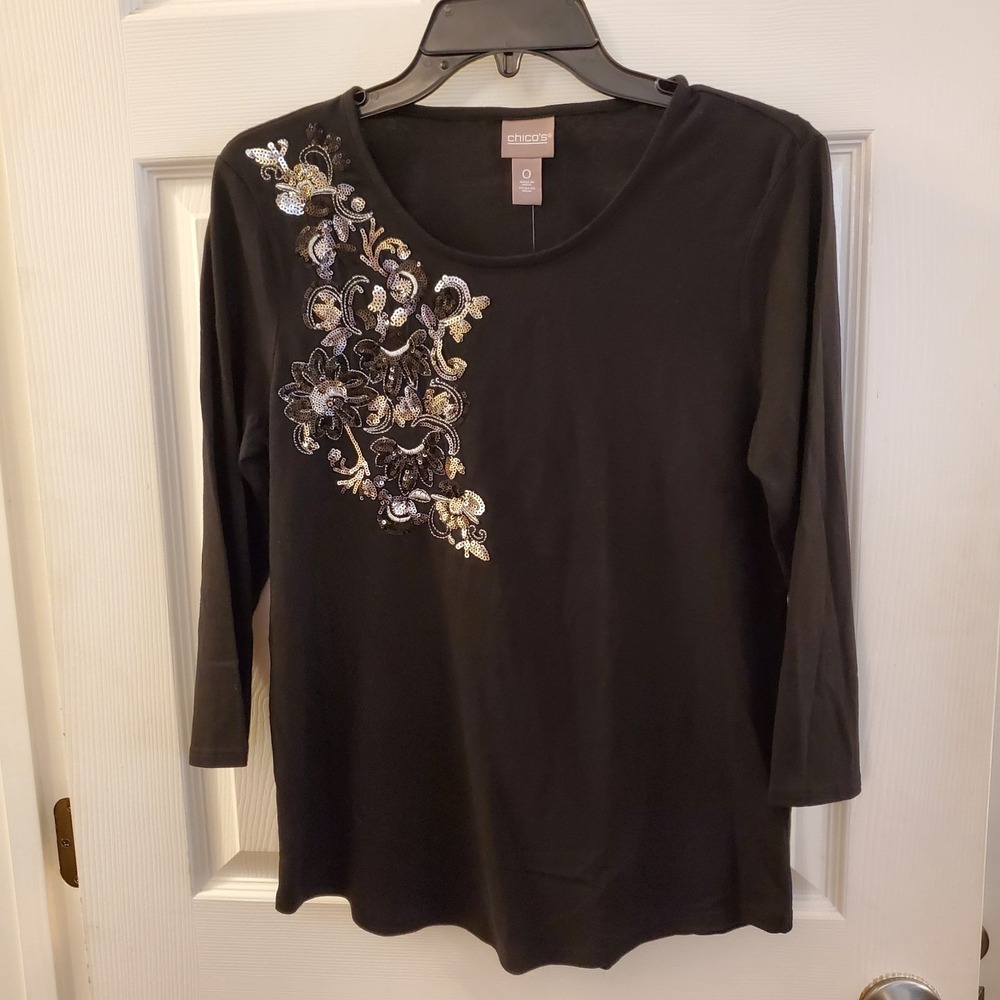 Chico's sz 0 XS/S Sequin embellished top 3/4 slv black floral NWT artsy basic‎